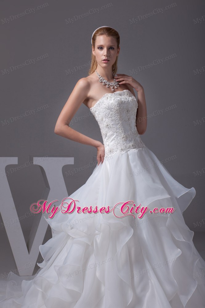 Best seller Strapless Appliques and Beading Ruffled A-line Wedding Gown