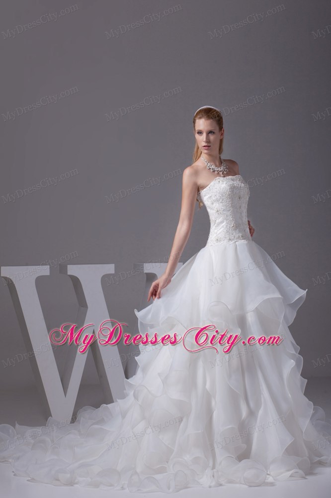 Best seller Strapless Appliques and Beading Ruffled A-line Wedding Gown