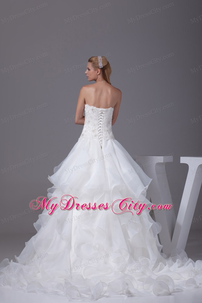 Best seller Strapless Appliques and Beading Ruffled A-line Wedding Gown