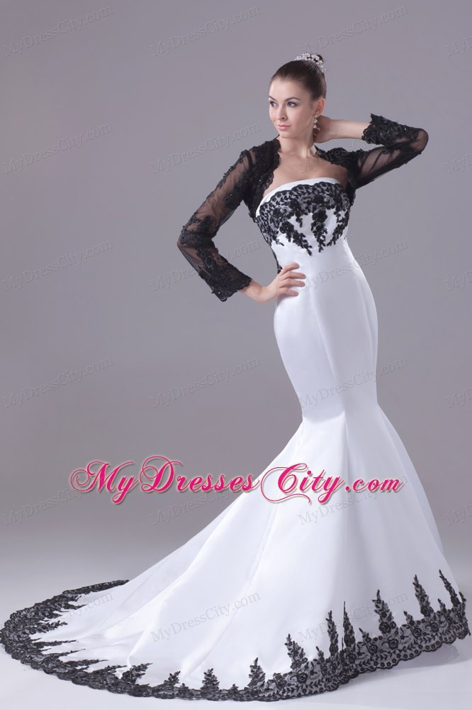 White Lace Strapless Mermaid Wedding Dress with Black Jacket and Edge