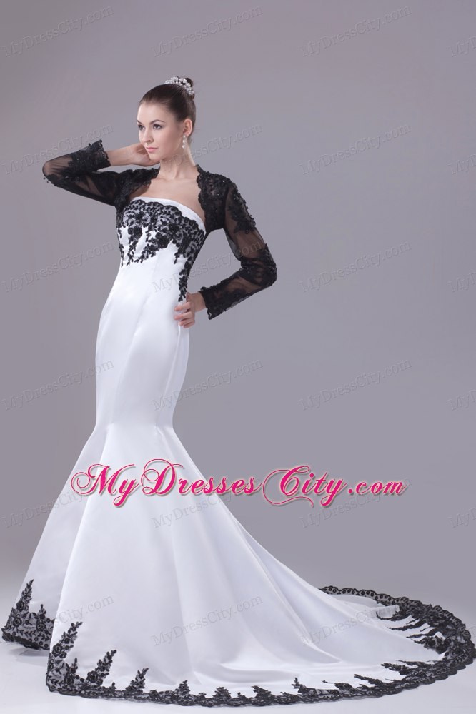 White Lace Strapless Mermaid Wedding Dress with Black Jacket and Edge