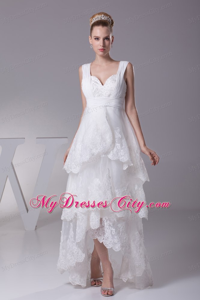 Impressive High-low A-line Lace Bridal Gown with Wide Straps and Ruffles