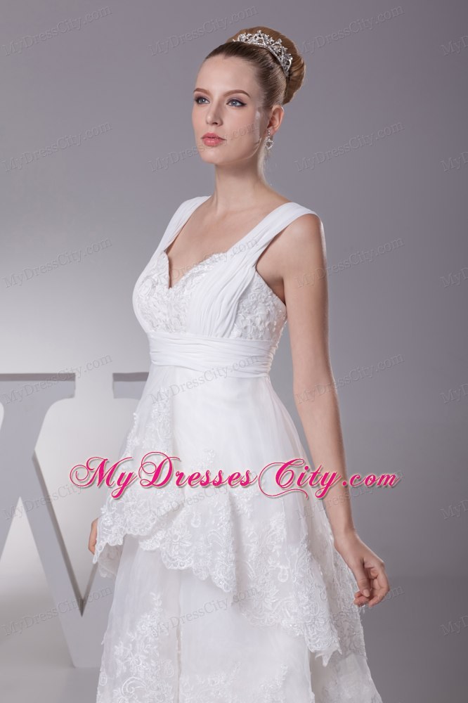 Impressive High-low A-line Lace Bridal Gown with Wide Straps and Ruffles