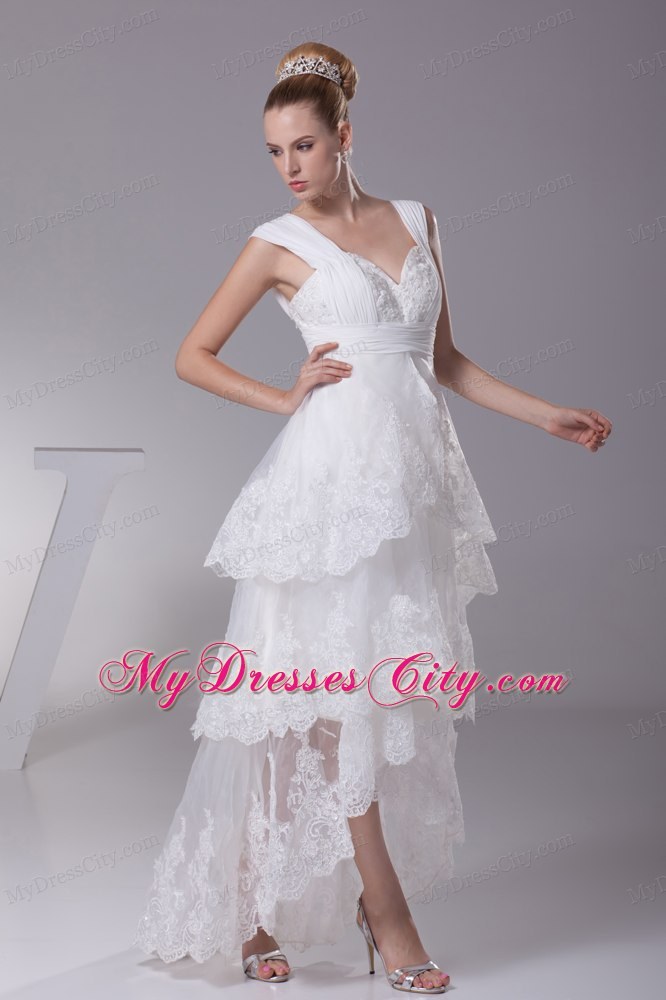 Impressive High-low A-line Lace Bridal Gown with Wide Straps and Ruffles