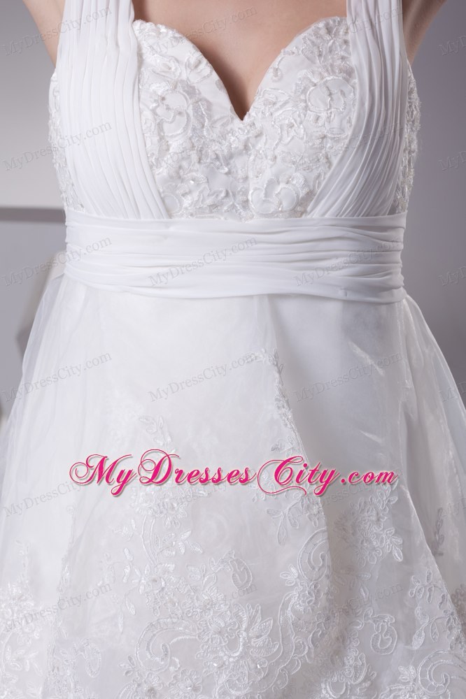 Impressive High-low A-line Lace Bridal Gown with Wide Straps and Ruffles