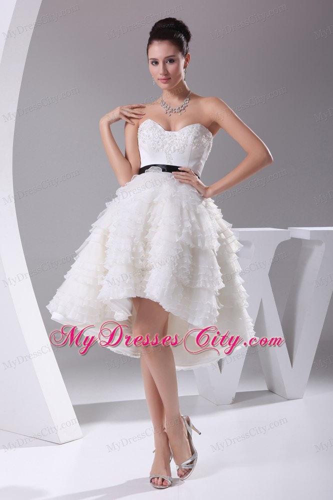 Asymmetrical Sweetheart A-line Ruffled Knee-length Sash Wedding Dress