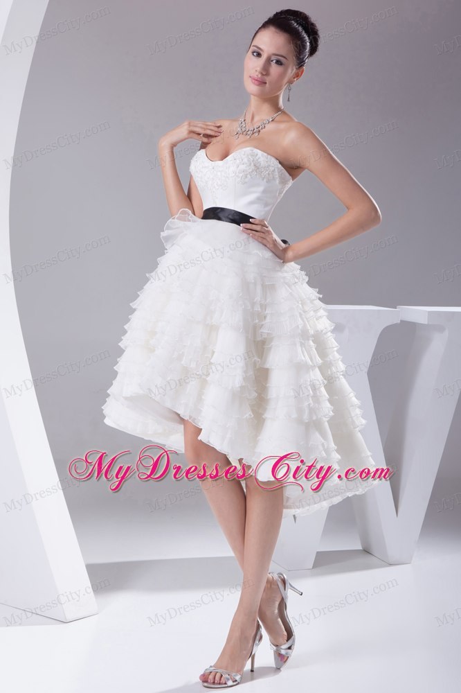 Asymmetrical Sweetheart A-line Ruffled Knee-length Sash Wedding Dress