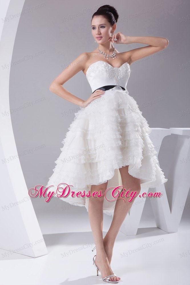 Asymmetrical Sweetheart A-line Ruffled Knee-length Sash Wedding Dress