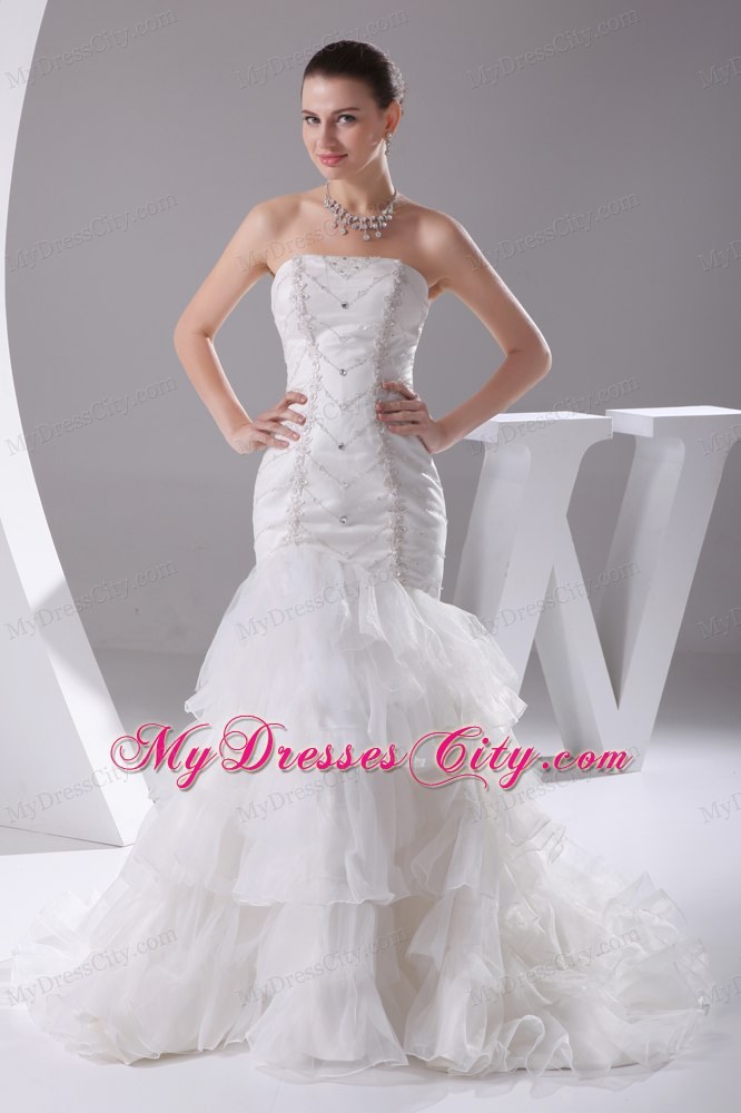 Luxurious Mermaid Beading Ruffled Layers Brush Train Strapless Bridal Dress