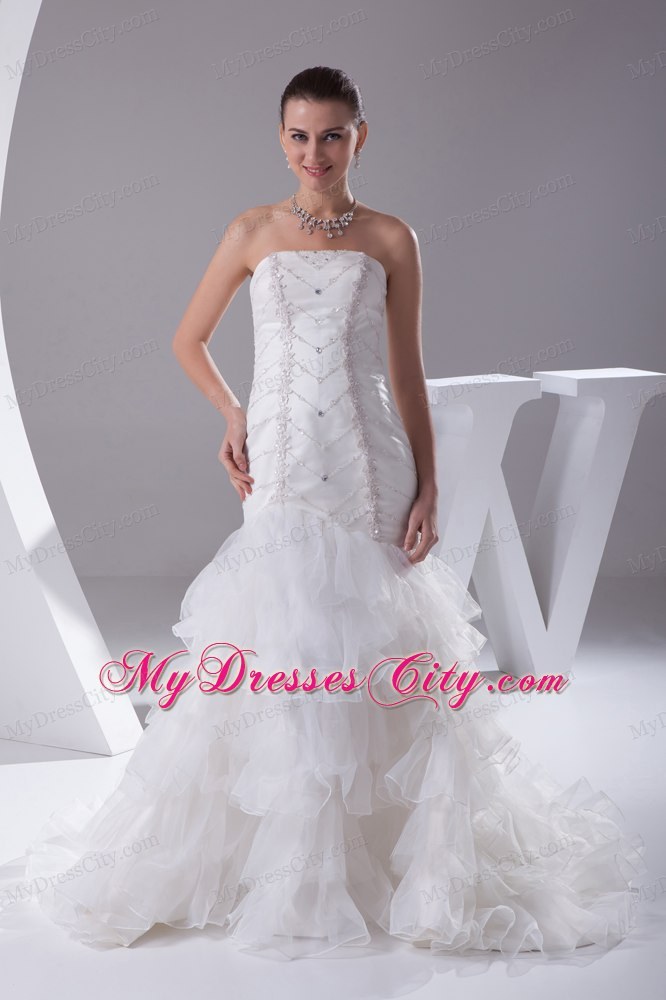 Luxurious Mermaid Beading Ruffled Layers Brush Train Strapless Bridal Dress