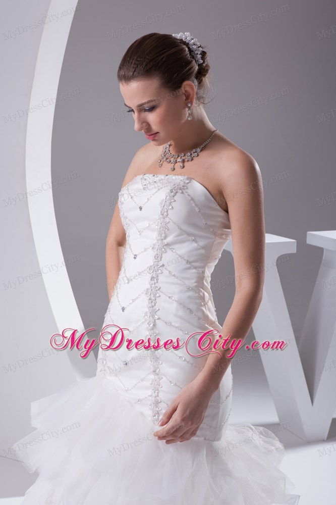 Luxurious Mermaid Beading Ruffled Layers Brush Train Strapless Bridal Dress