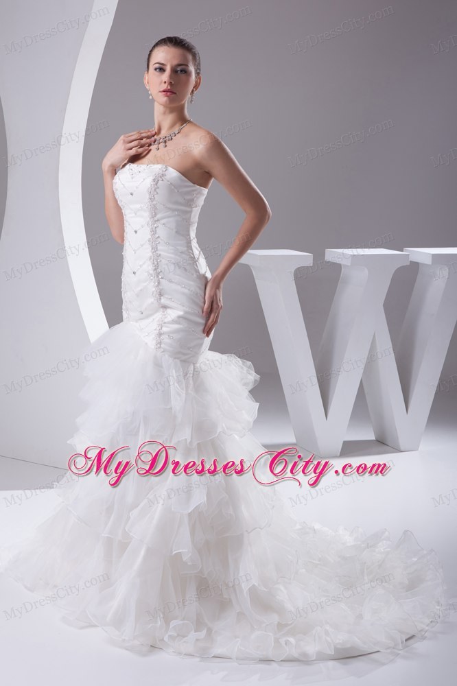 Luxurious Mermaid Beading Ruffled Layers Brush Train Strapless Bridal Dress