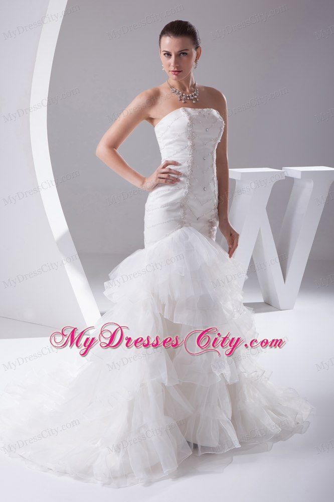 Luxurious Mermaid Beading Ruffled Layers Brush Train Strapless Bridal Dress