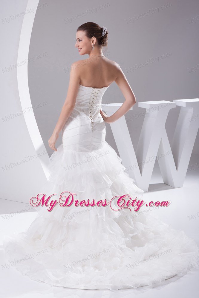 Luxurious Mermaid Beading Ruffled Layers Brush Train Strapless Bridal Dress