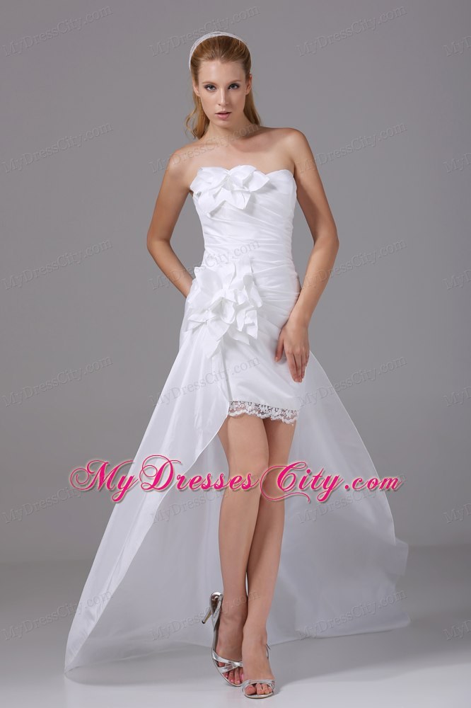 2013 Strapless Hand Made Flowers Ruched High-low Beach Wedding Dress