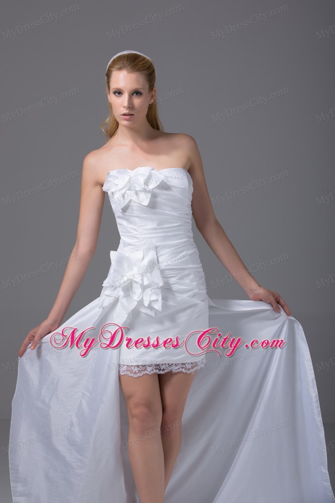 2013 Strapless Hand Made Flowers Ruched High-low Beach Wedding Dress