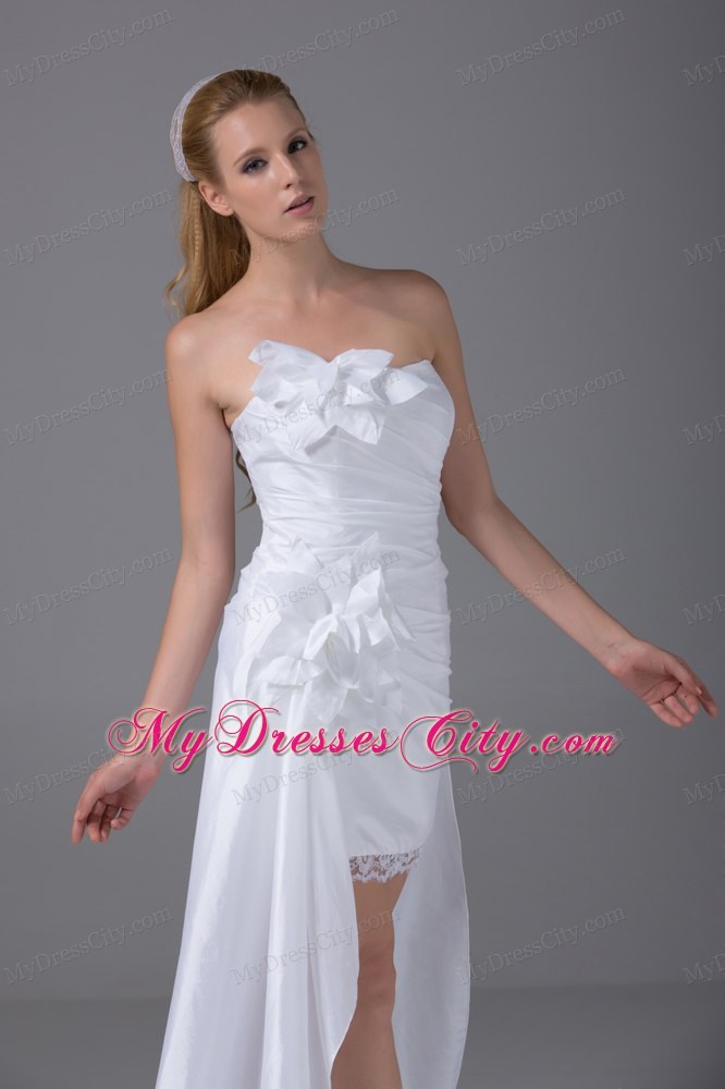 2013 Strapless Hand Made Flowers Ruched High-low Beach Wedding Dress