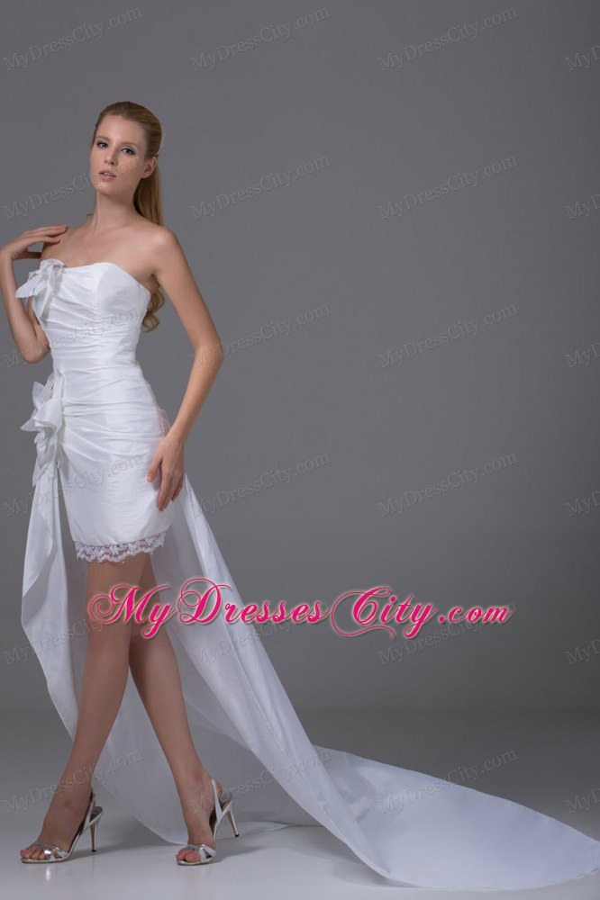 2013 Strapless Hand Made Flowers Ruched High-low Beach Wedding Dress