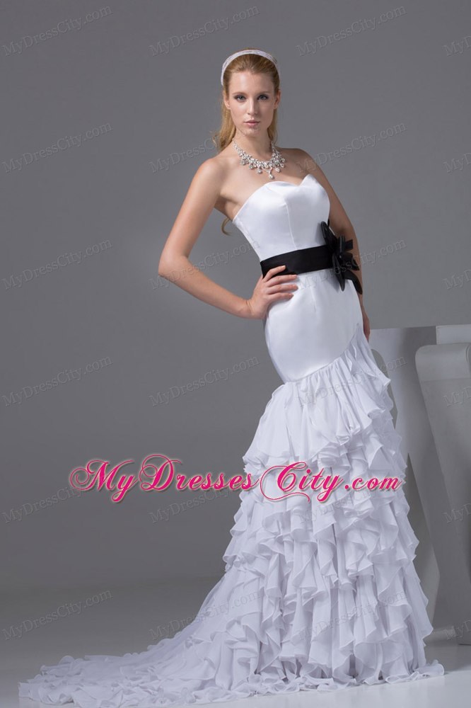 Sweetheart Sash and Ruffled Layers Slinky Bridal Dresses Floor-length