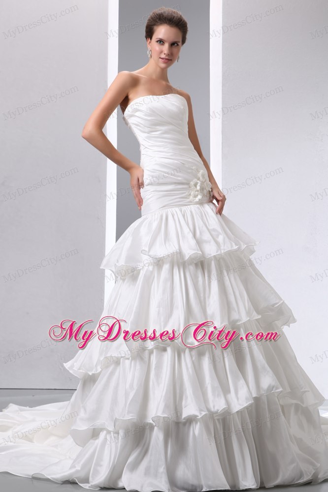 Fave A-line Strapless Taffeta Ruches and Ruffles Bridal Dress with Flowers