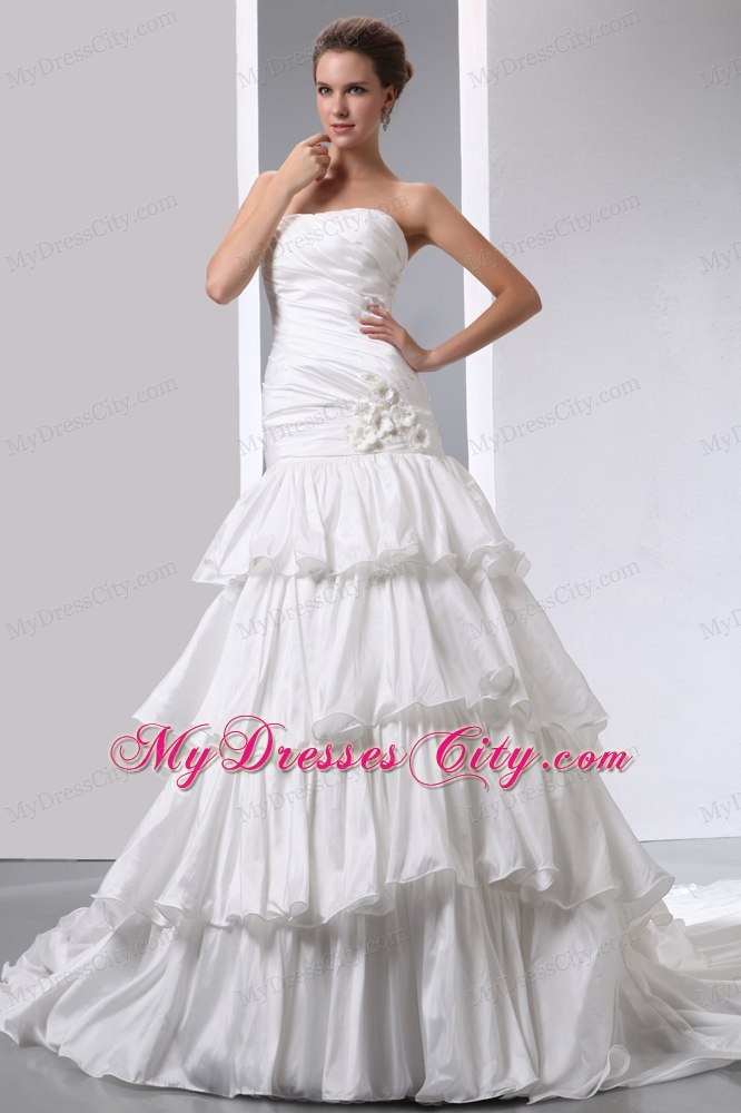 Fave A-line Strapless Taffeta Ruches and Ruffles Bridal Dress with Flowers