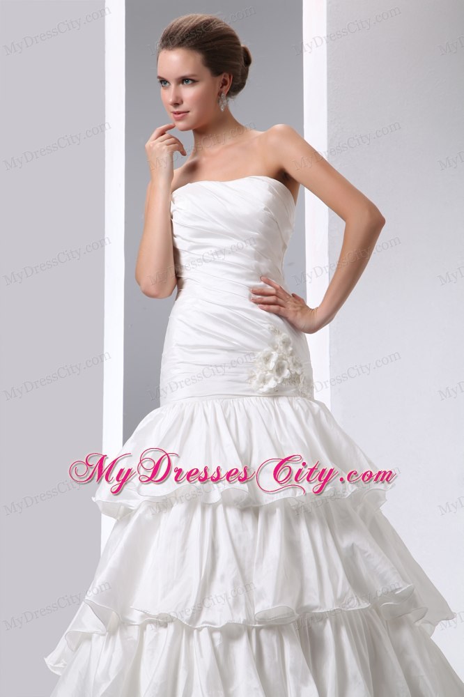 Fave A-line Strapless Taffeta Ruches and Ruffles Bridal Dress with Flowers