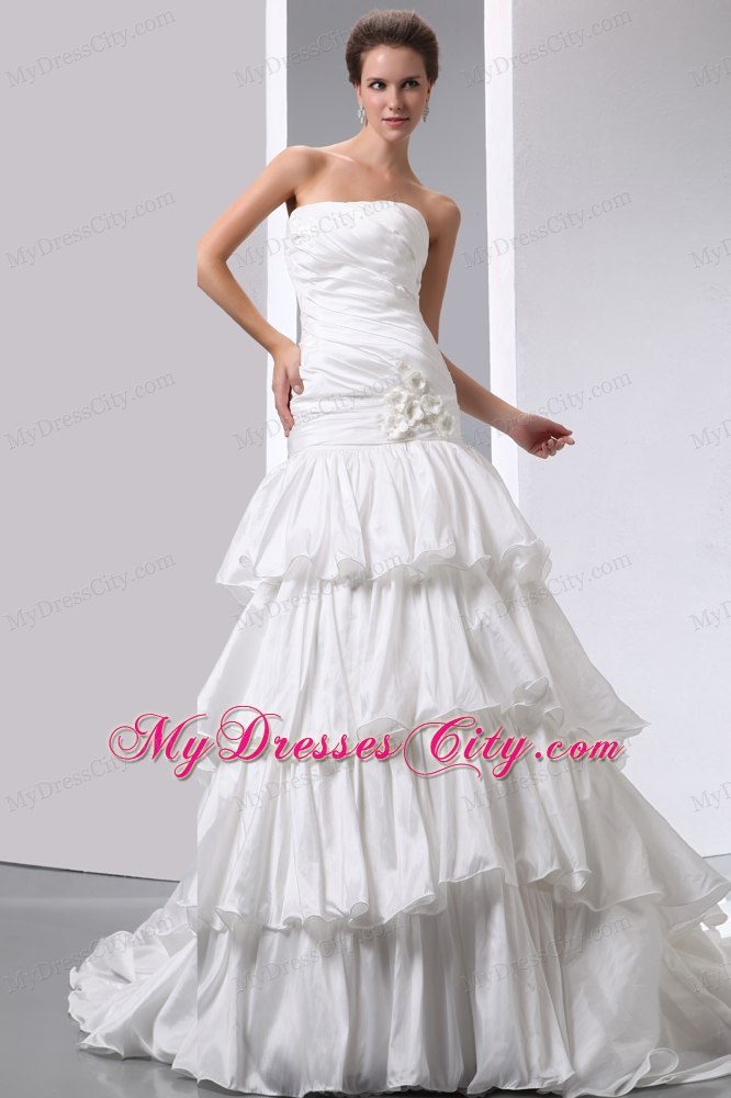 Fave A-line Strapless Taffeta Ruches and Ruffles Bridal Dress with Flowers