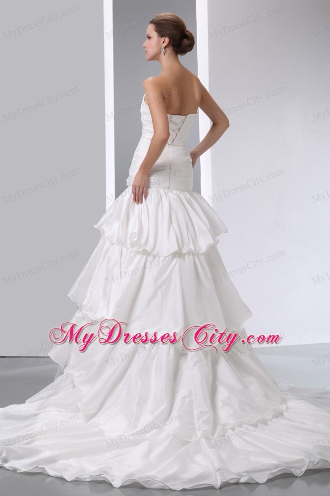 Fave A-line Strapless Taffeta Ruches and Ruffles Bridal Dress with Flowers