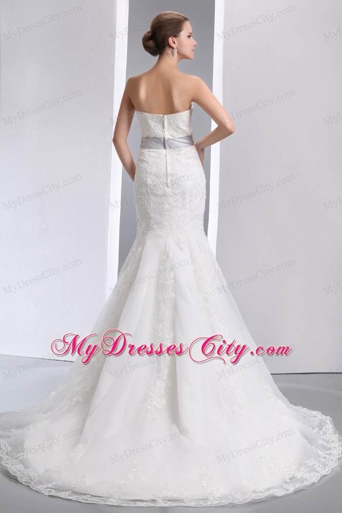 Luxurious Strapless Lace Flowery Mermaid Wedding Dress with Sliver Sash