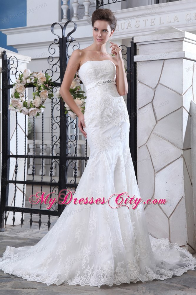 Strapless Court Train Beaded Belt Mermaid Wedding Dress Floor-length