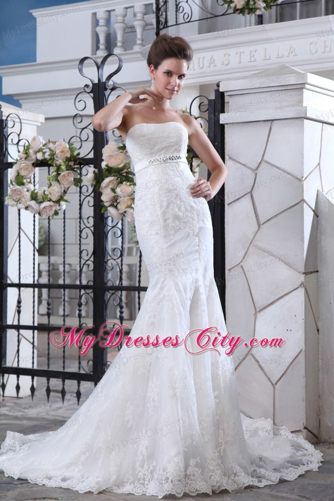 Strapless Court Train Beaded Belt Mermaid Wedding Dress Floor-length