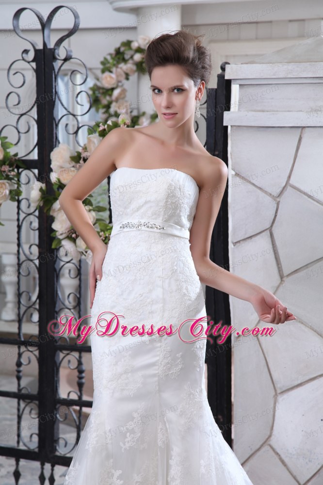 Strapless Court Train Beaded Belt Mermaid Wedding Dress Floor-length