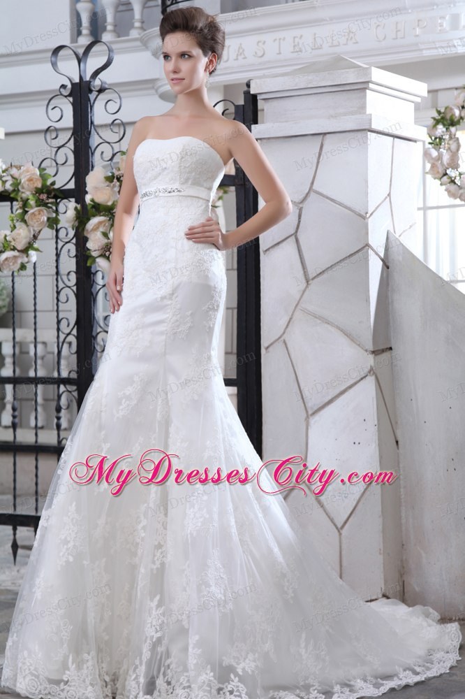 Strapless Court Train Beaded Belt Mermaid Wedding Dress Floor-length