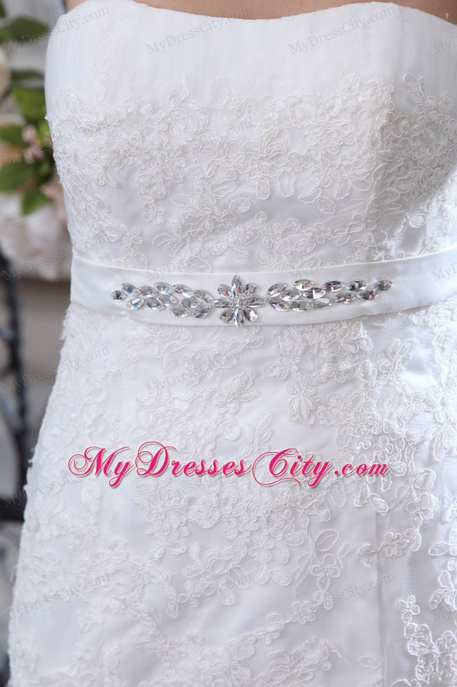 Strapless Court Train Beaded Belt Mermaid Wedding Dress Floor-length