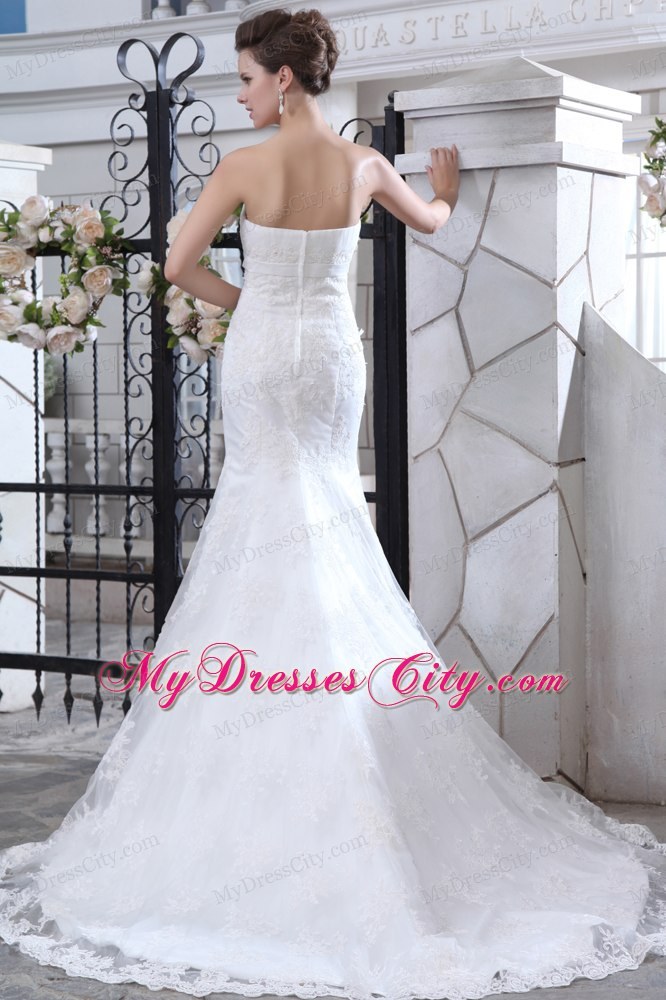 Strapless Court Train Beaded Belt Mermaid Wedding Dress Floor-length