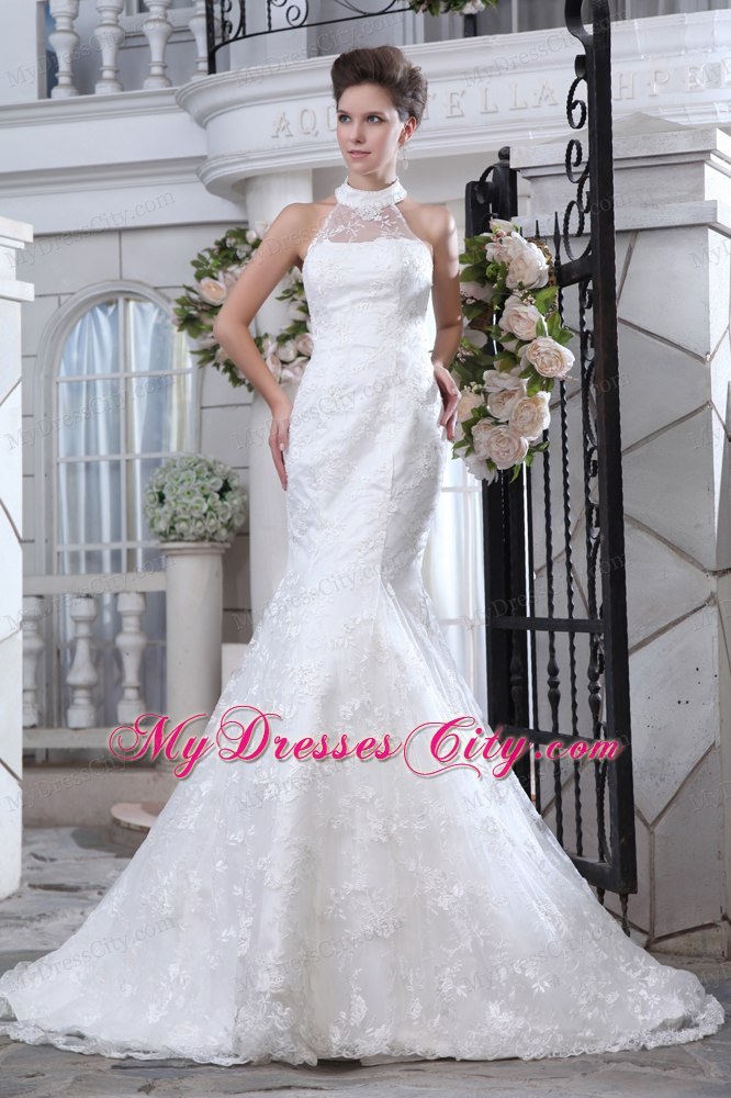 Stylish High-neck Mermaid Sweetheart Court Train Column Wedding Dress