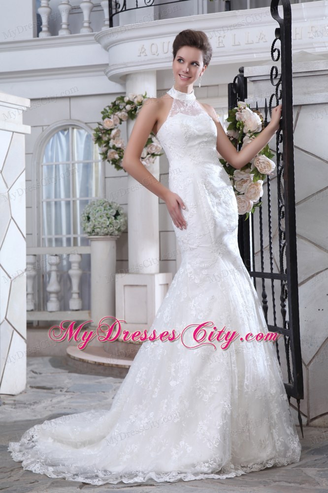 Stylish High-neck Mermaid Sweetheart Court Train Column Wedding Dress