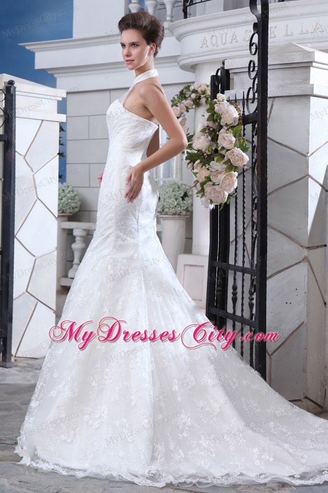 Stylish High-neck Mermaid Sweetheart Court Train Column Wedding Dress