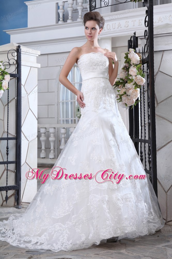 Unique Mermaid Strapless Court Train Lace Belt Bridal Gown 2013 on Sale