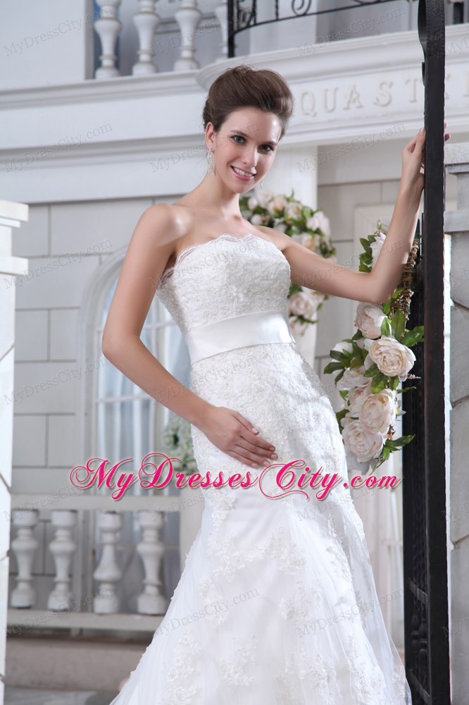 Unique Mermaid Strapless Court Train Lace Belt Bridal Gown 2013 on Sale