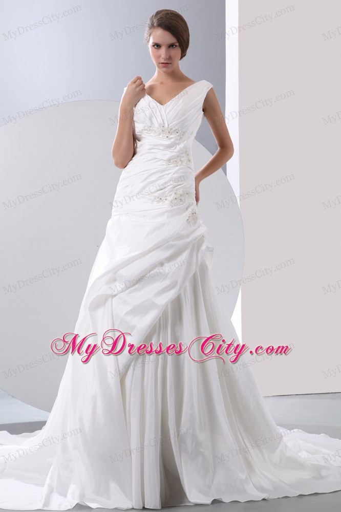 Hot A-line Appliques and Beading Ruched V-neck Wedding Anniversary Dress