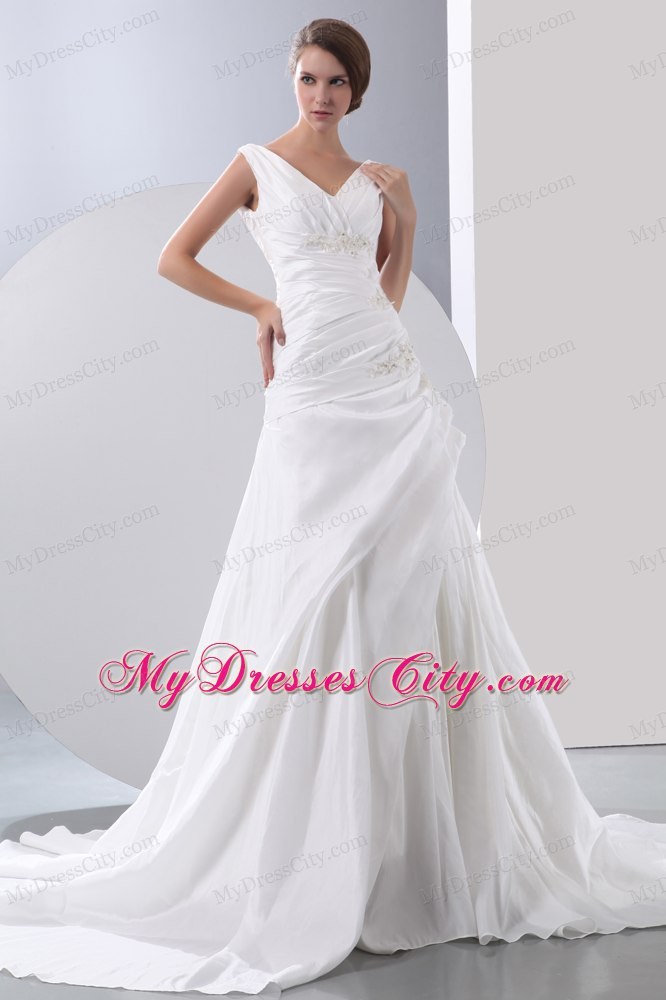 Hot A-line Appliques and Beading Ruched V-neck Wedding Anniversary Dress