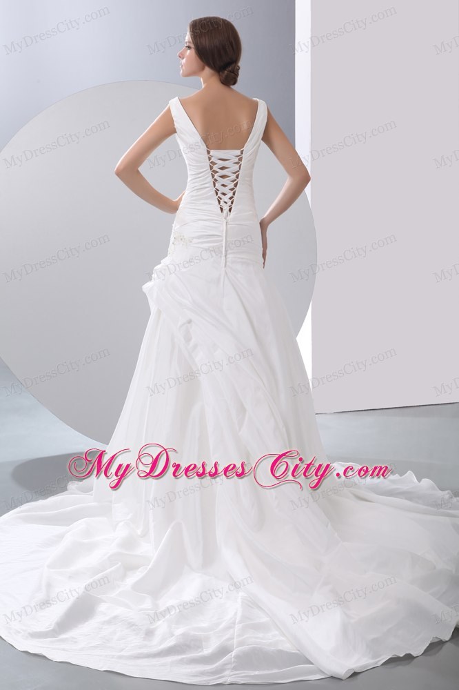 Hot A-line Appliques and Beading Ruched V-neck Wedding Anniversary Dress