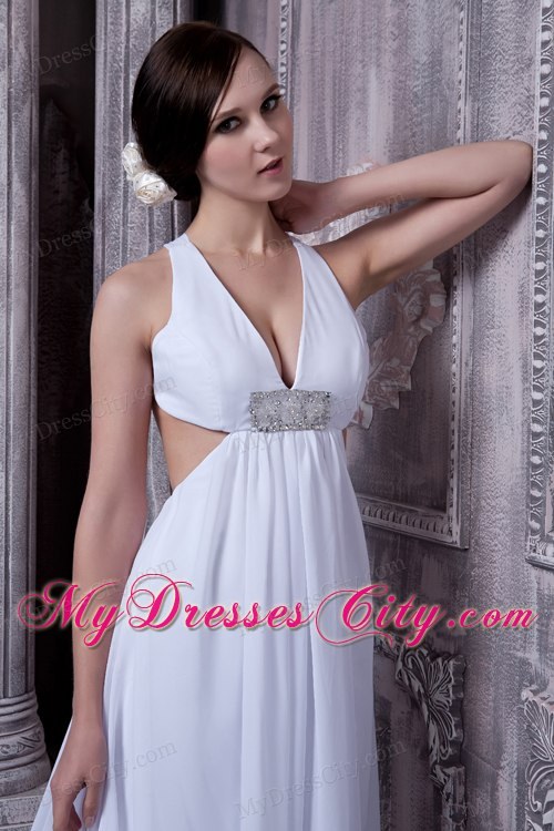 Sexy A-line V-neck Court Train Chiffon Beading Wedding Dress with Cut Out