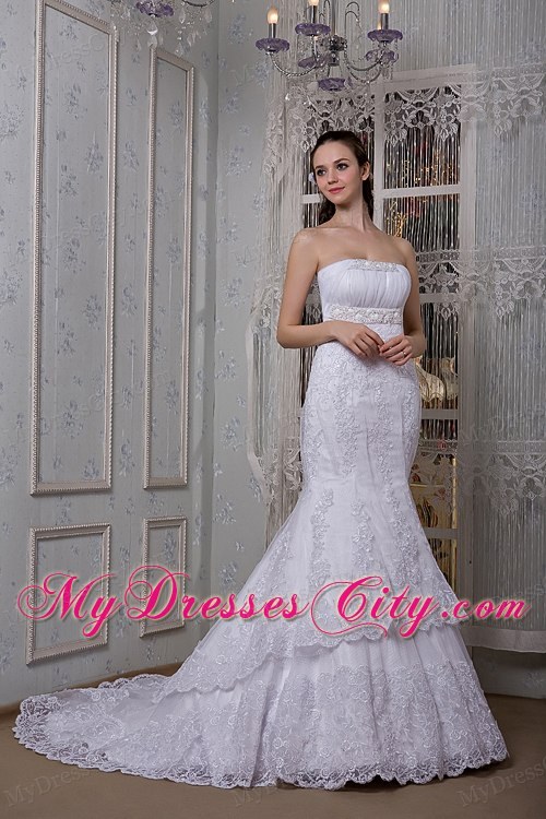 Voguish Mermaid Strapless Court Train Slinky Lace Wedding Dress on Sale