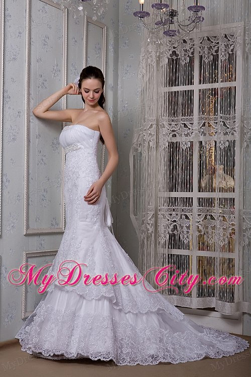 Voguish Mermaid Strapless Court Train Slinky Lace Wedding Dress on Sale