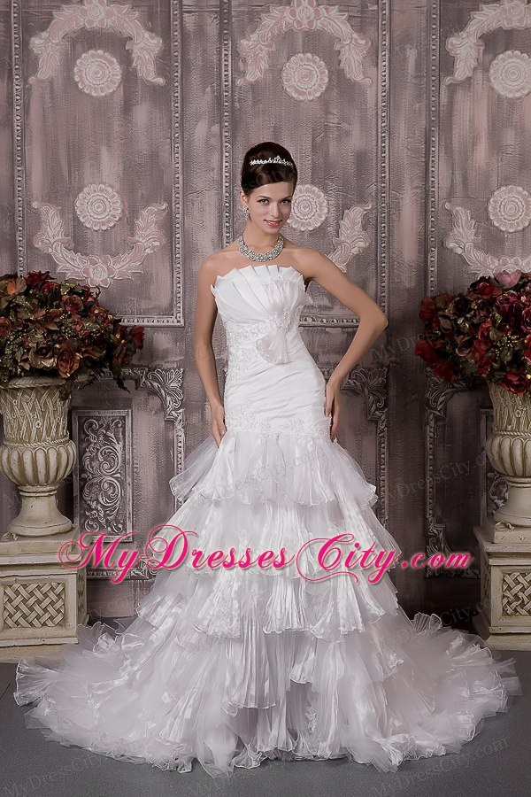 Ruched Mermaid Strapless Court Train Appliques Wedding Dress