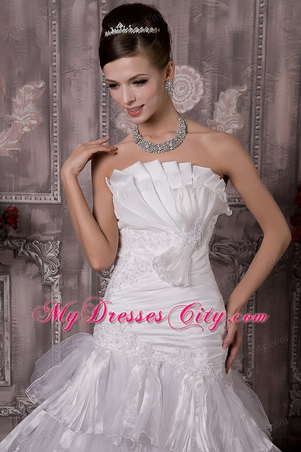 Ruched Mermaid Strapless Court Train Appliques Wedding Dress