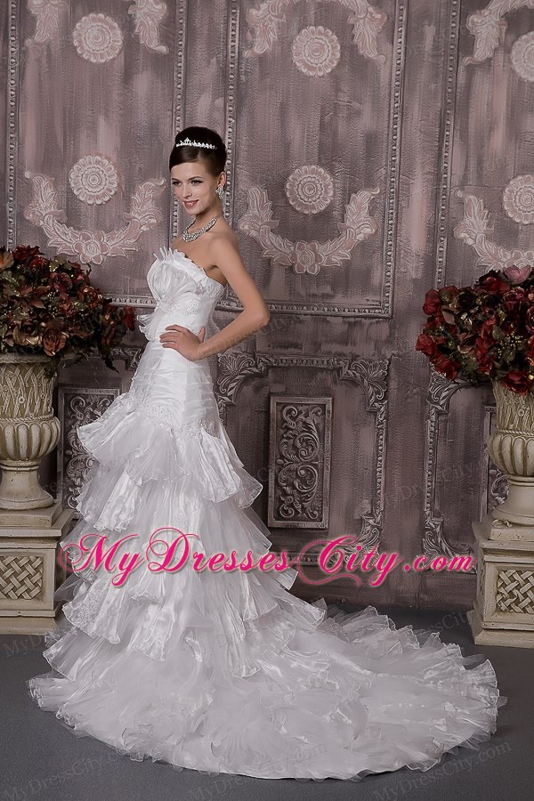 Ruched Mermaid Strapless Court Train Appliques Wedding Dress