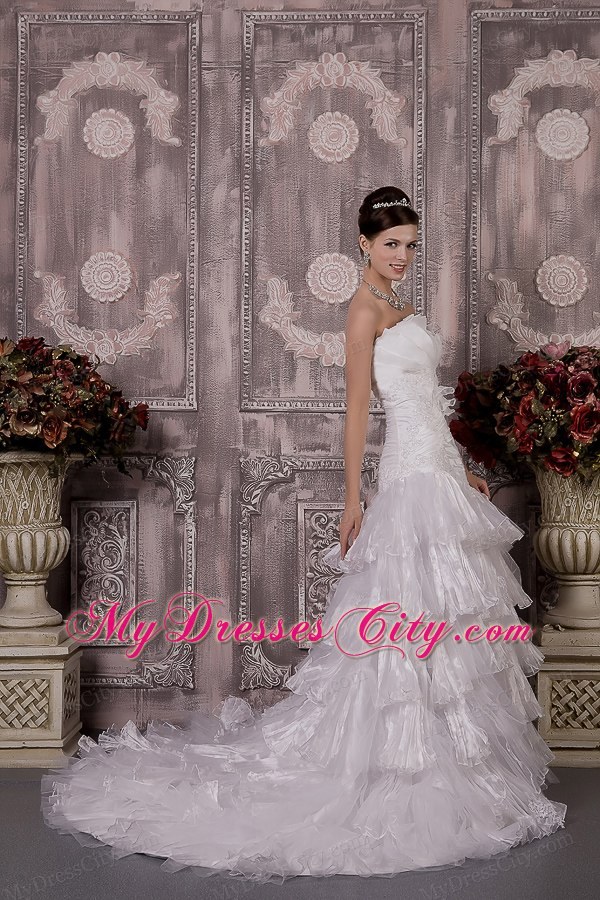 Ruched Mermaid Strapless Court Train Appliques Wedding Dress